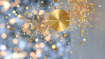 Golden clock is surrounded by sparkling particles and colorful bokeh lights, creating a festive ambiance that symbolizes celebration and the passage of timeの素材