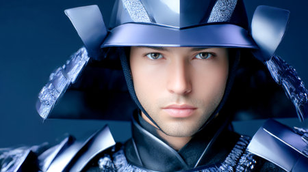 Male warrior in detailed armor displays a strong expression, emphasizing strength and honor against a dark background, creating a powerful visual narrativeの素材