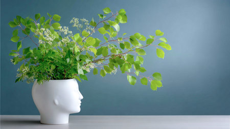 White ceramic vase resembling a human head showcases lush green plants and flowers, adding a touch of nature to contemporary interior design and artistic ambianceの素材