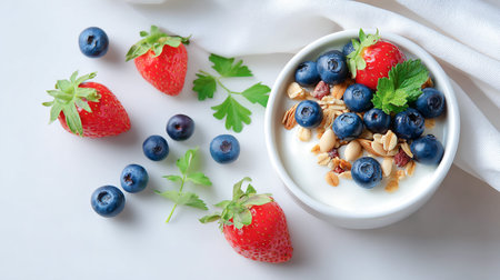 Yogurt bowl filled with fresh blueberries, strawberries, and granola, surrounded by scattered berries and herbs, creating a vibrant and healthy breakfast sceneの素材