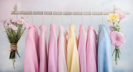 Pastel clothing displayed on a wooden rack, complemented by fresh flowers, creating a lively and inviting ambiance, ideal for fashion and lifestyle imageryの素材