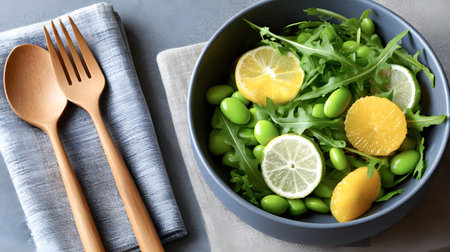 Top view of a fresh salad with greens and citrus slices in a bowl, accompanied by wooden utensils, showcasing a healthy meal with copy space for designの素材