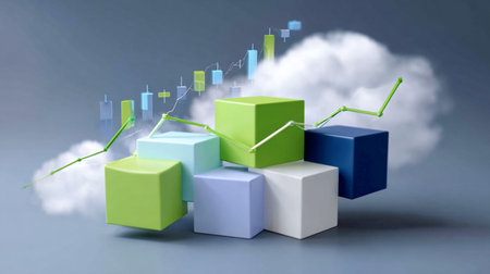 3D illustration featuring vibrant cubes and upward trend lines, symbolizing financial growth and data analysis in a contemporary business settingの素材
