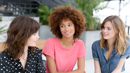 Group of three women enjoying conversation in a contemporary cafe, featuring diverse hairstyles and casual outfits, highlighting a lively social interactionの素材