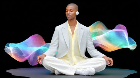 Man in a chic outfit is meditating with headphones, surrounded by vibrant sound waves, creating a peaceful and modern ambiance for mindfulness and relaxationの素材