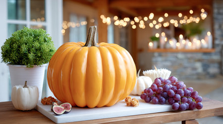 Bright orange pumpkin is artistically arranged with fresh grapes, figs, and decorative gourds on a wooden table, set against a softly lit background enhancing the autumn ambianceの素材