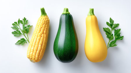Colorful arrangement of corn, zucchini, and squash on a white background, highlighting fresh produce and inviting healthy culinary inspirationの素材