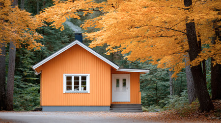 Bright orange house stands amidst stunning autumn trees, creating a picturesque scene in a tranquil forest, highlighting the beauty of nature and architectureの素材
