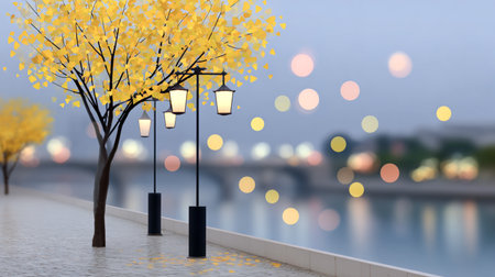 Autumn trees with yellow leaves and glowing lanterns along a riverside promenade at dusk.の素材
