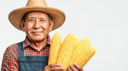 Senior farmer in straw hat proudly displays freshly harvested corn cobs, embodying agricultural practices and the joy of harvest in a vibrant settingの素材