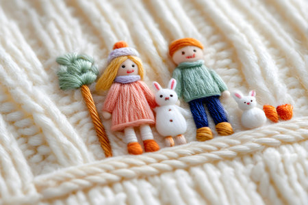 Embroidered scene with two joyful figures, rabbits, and a palm tree, highlighting vibrant colors and textures, creating a whimsical and inviting atmosphereの素材