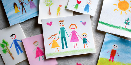 Childlike drawings illustrate families and nature, filled with bright colors and imaginative scenes, reflecting creativity and innocence in artistic expressionの素材