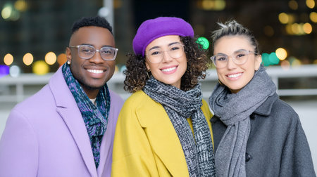 Three friends of diverse backgrounds are smiling together outdoors at night, wearing fashionable winter attire, surrounded by vibrant city lights, capturing a joyful momentの素材