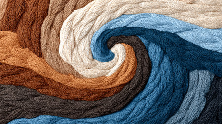 Textured fibers swirl together in an abstract design, showcasing a blend of earthy tones and vibrant blue, creating a visually engaging and dynamic compositionの素材