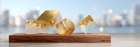 Geometric shapes featuring transparent surfaces and golden accents are elegantly displayed on a wooden surface, enhancing the artistic ambiance of the sceneの素材