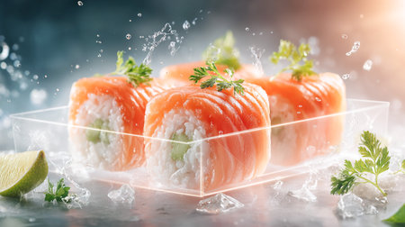 Sushi rolls featuring salmon and cucumber, beautifully arranged on a clear plate with ice and lime, highlighting the freshness and artistry of culinary presentationの素材