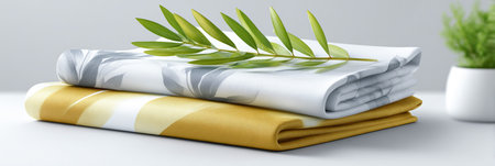 Neatly arranged linens in soft colors, featuring a green leaf on top, create a tranquil setting, perfect for enhancing home decor and inviting comfortの素材