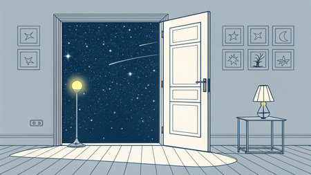 Open door leads to a starry night sky, while a cozy room with a lamp and table enhances the whimsical ambiance, inviting exploration and creativityの素材