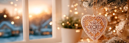 Heart ornament on Christmas tree, surrounded by warm glowing lights, with a beautiful sunset view outside the window, enhancing the festive moodの素材