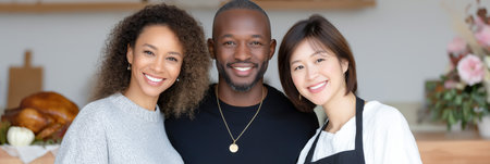 Three friends of different ethnicities are smiling in a kitchen, surrounded by fresh ingredients and a warm atmosphere, highlighting friendship and culinary joyの素材