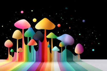 Abstract illustration of vibrant mushroom shapes in a cosmic setting, displaying a whimsical landscape with bright colors and playful forms, creating a dreamlike atmosphereの素材