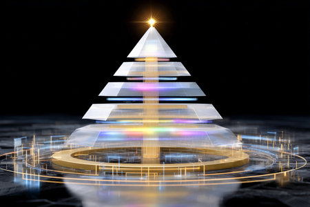 Modern digital Christmas tree features layered transparent shapes and vibrant lights, set against a dark background, evoking a festive and innovative holiday spiritの素材