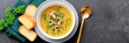 Bowl of creamy mushroom soup garnished with parsley and sliced mushroomsの素材