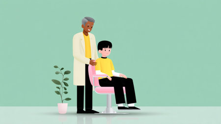 Elderly barber helps young boy in salon chair, with a plant nearby, showcasing a friendly and welcoming environment for haircuts and grooming servicesの素材