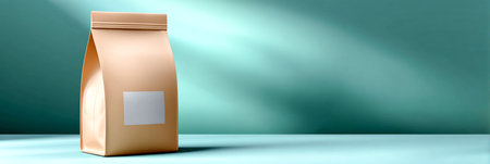 Brown paper bag mock up with empty label on turquoise surface, illuminated by soft light, creating a modern and clean aesthetic for packaging designの素材
