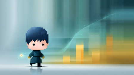 Character in pixel art style stands against vibrant abstract background with glowing elements and bar graphs, symbolizing progress and creativityの素材