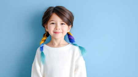 Cheerful young girl with vibrant braided hair poses against a soft blue backdrop, radiating joy and playfulness in a captivating portraitの素材
