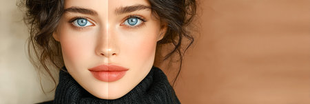 Close-up portrait of a young woman with blue eyes and natural makeup, highlighting her flawless skin and soft features, radiating confidence and beautyの素材