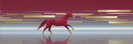Red horse illustration is trotting on a reflective surface, surrounded by abstract golden lines, creating a dynamic and elegant atmosphere for visual storytellingの素材