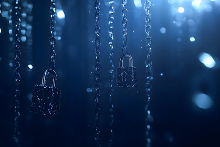 Metallic padlocks hang from chains in a dimly lit space, surrounded by a blue ambiance that enhances the feeling of security and intrigue in the sceneの素材