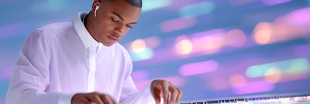 Focused young man in headphones working on digital music production with colorful bokeh lights in background. High quality photoの素材