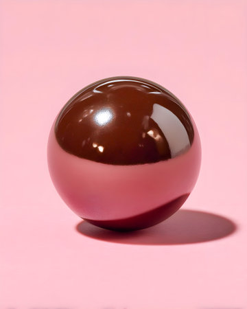 Shiny chocolate sphere on pastel pink background casting soft shadow in minimalistic compositionの素材