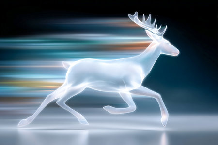 Futuristic glowing reindeer running at high speed with motion blur on dark abstract backgroundの素材