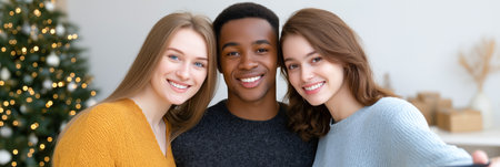 Smiling friends taking a selfie together in cozy sweaters during Christmas holiday at home. High quality photoの素材
