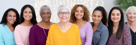Diverse group of smiling women of different ages posing together indoors with festive lights in the background. High quality photoの素材