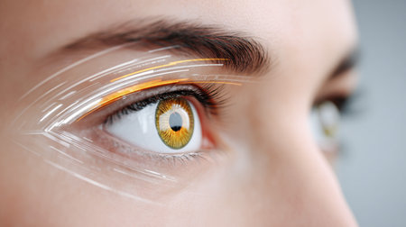 Closeup of a human eye with digital futuristic interface elements symbolizing vision technology and innovation. High quality photoの素材