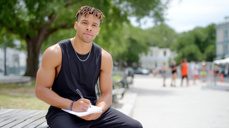 Fit young man in black activewear writing in notebook while sitting outdoors in a sunny park. High quality photoの素材