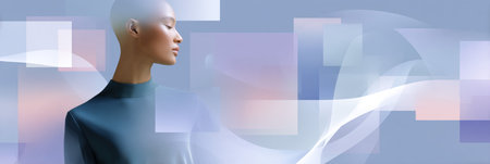 Elegant woman with closed eyes in abstract digital background of soft geometric shapes and flowing gradients. High quality photoの素材