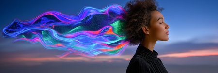 Woman with closed eyes and colorful glowing abstract energy flowing from her hair against a twilight sky. High quality photoの素材