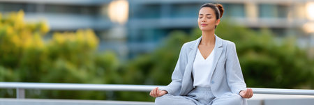 Businesswoman meditating outdoors in a suit, sitting cross-legged with closed eyes, finding calm and balance in nature. High quality photoの素材