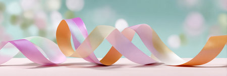Colorful pastel ribbon with soft curves and a bokeh backgroundの素材
