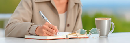 Woman writing in notebook with silver pen next to glasses and coffee cup on outdoor tableの素材