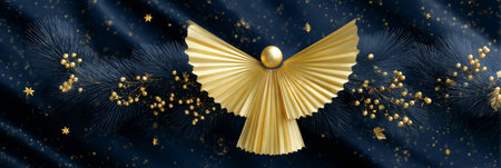 Golden angel ornament with wide wings among pine branches and festive gold decorationsの素材