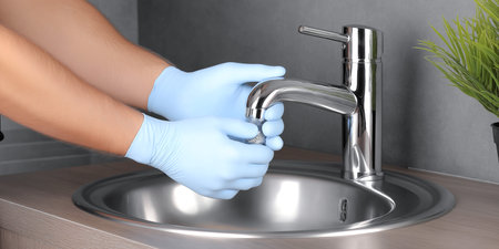 Person wearing gloves cleaning faucet filter over stainless steel sink in modern bathroomの素材