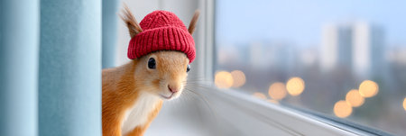 Cute squirrel wearing red knitted hat peeking out by window with city lights in backgroundの素材