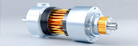 Close-up of a shiny electric motor rotor with copper windings on a light backgroundの素材